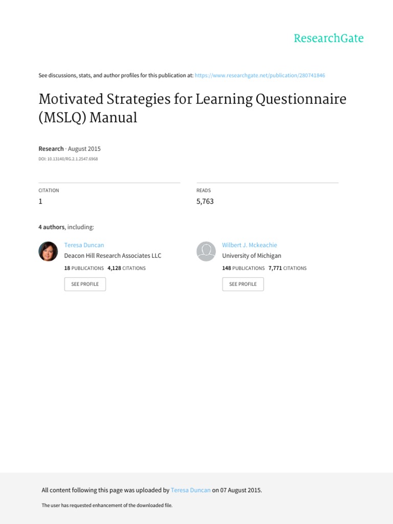 MSLQ Manual: Motivated Learning Strategies | PDF | Metacognition ...
