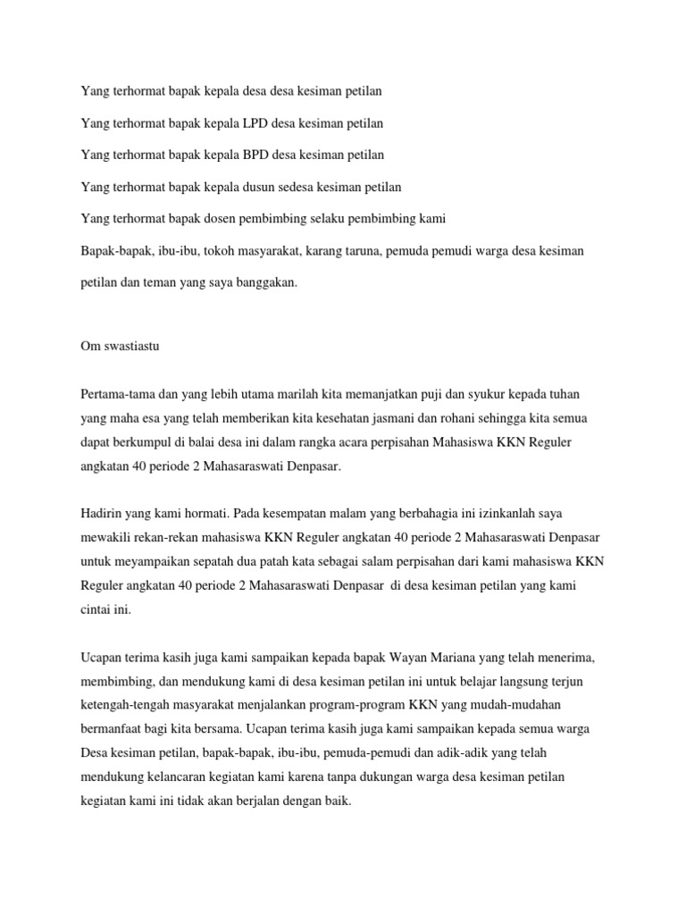  Kata  Sambutan Perpisahan  KKN  Kordes
