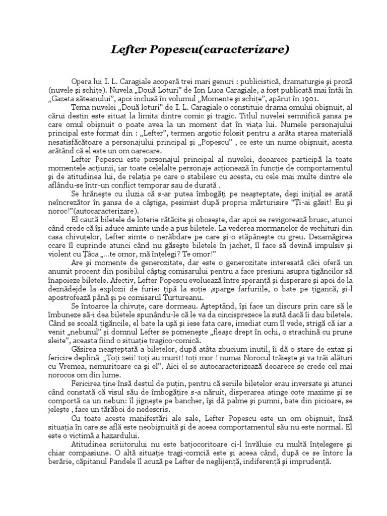 Rezumat Doua Loturi Ion Luca Caragiale - Doua Loturi (Caracterizare Lefter Popescu 2) | PDF