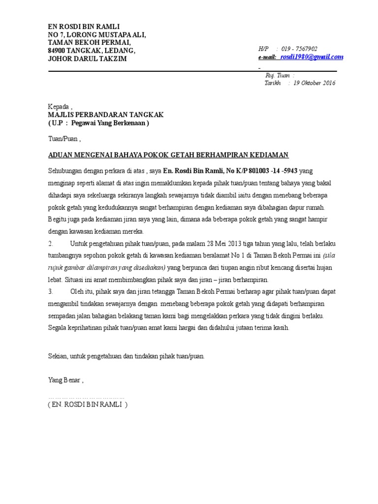 Surat Aduan Kepada Dbkl