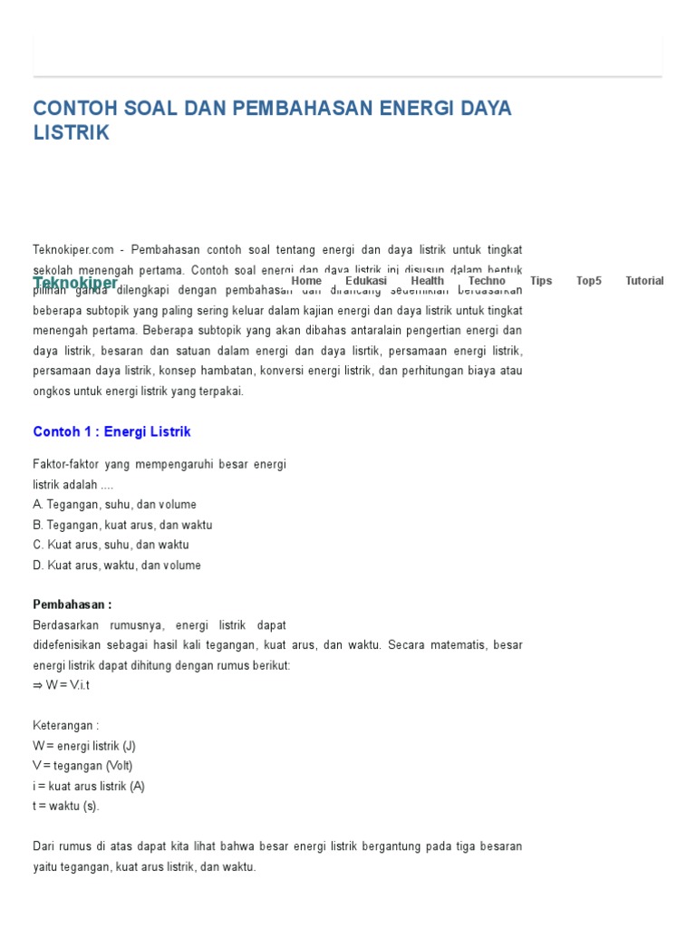 Contoh Soal Dan Pembahasan Energi Daya Listrik