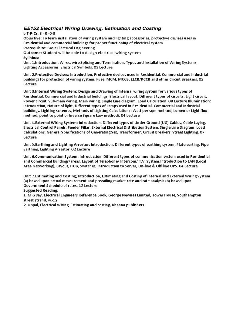 EE152 Electrical Wiring Drawing, Estimation and Costing PDF