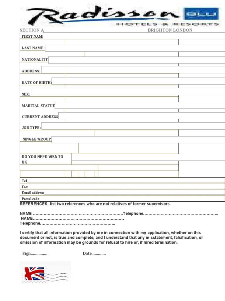 Radisson Blu Hotel Employment Application Form
