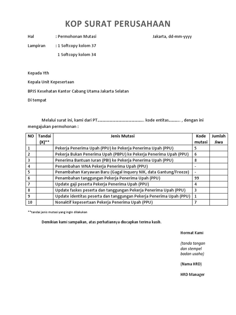 Surat Permohonan Mutasi BPJS