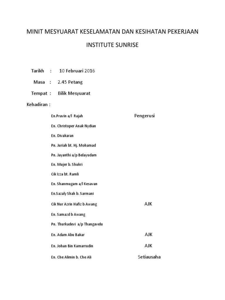 Minit Mesyuarat Keselamatan Dan Kesihatan Pekerjaan Pdf