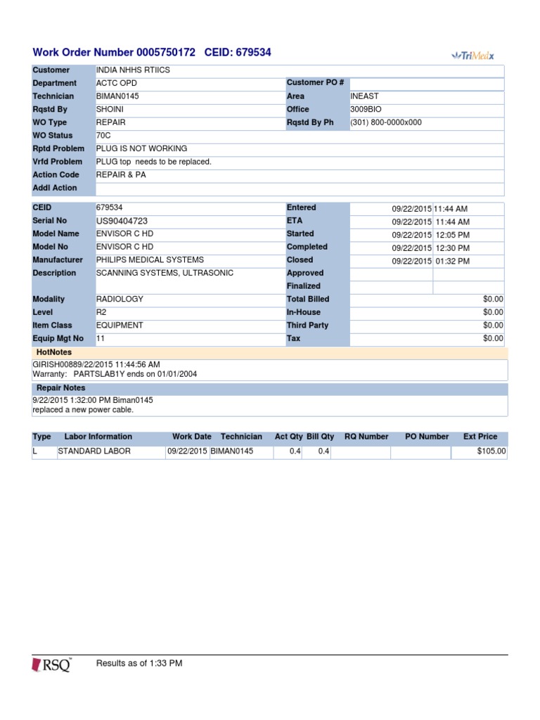 Repair Work Order 0005750172 | PDF
