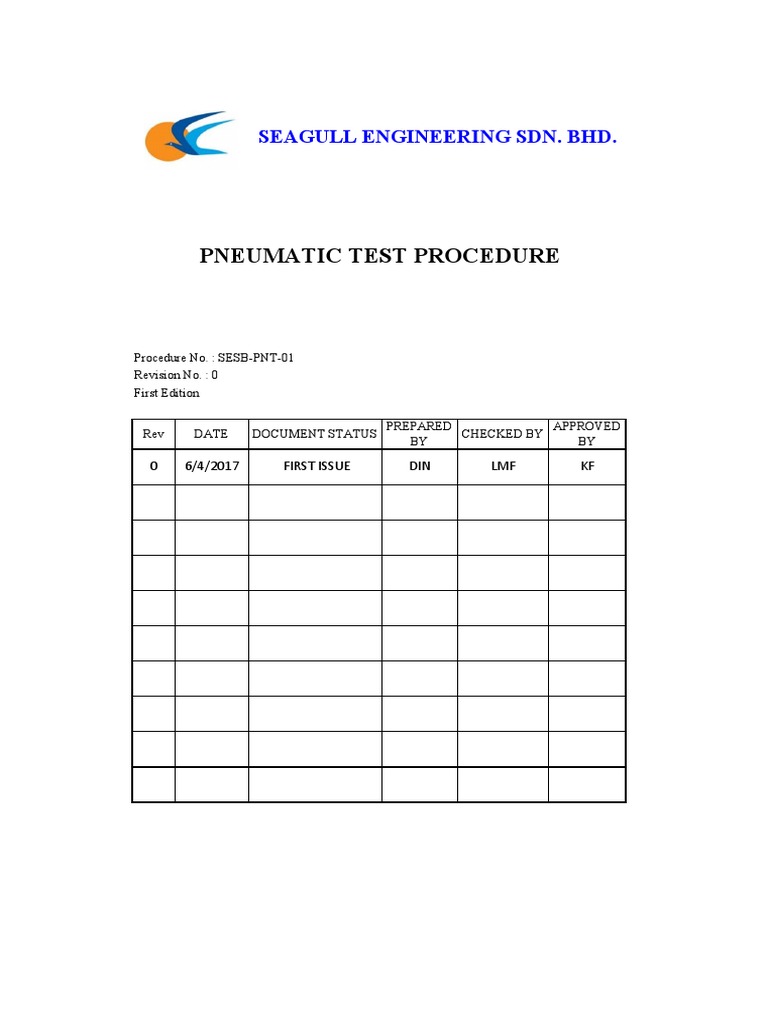 Pneumatic Test Procedure For Seagull PDF Engineering Science