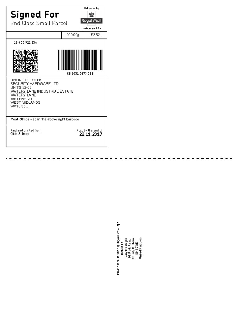 Signed 2nd Class Parcel Return Slip | PDF