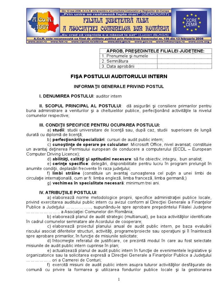 3 Fisa Postului Auditor Intern - ForMA FINALA | PDF