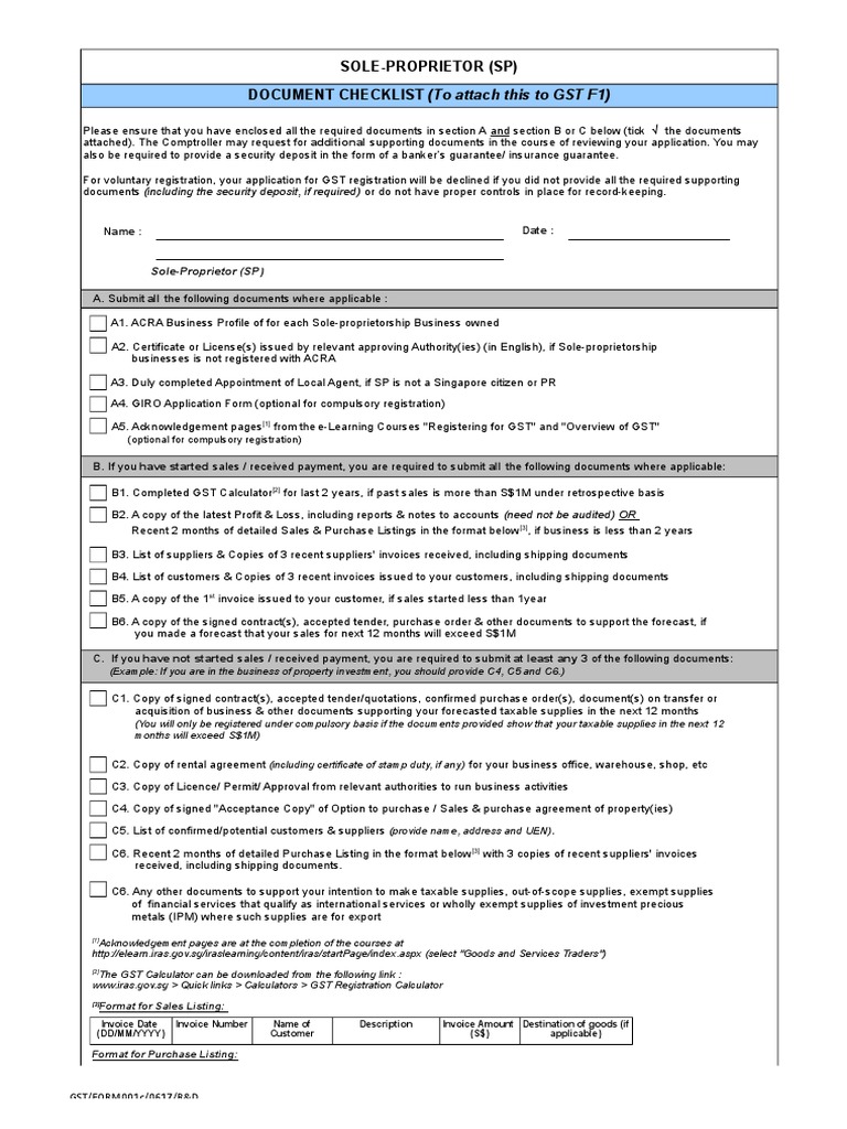 Document Checklist Soleproprietor Value Added Tax Invoice
