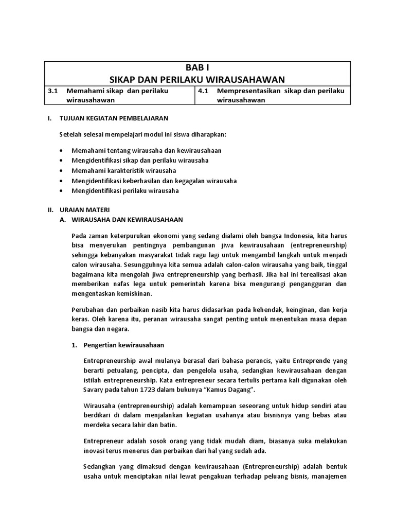 Bab I Sikap Dan Perilaku Wirausahawan Pdf