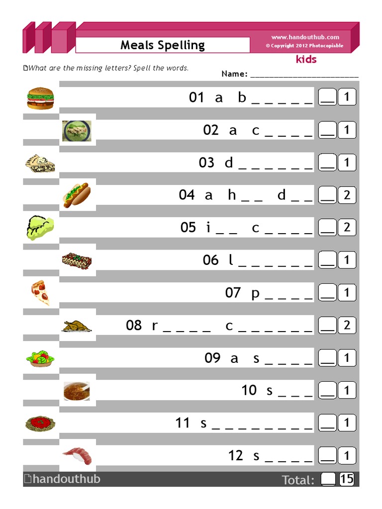 Kids Meals Spelling Test PDF Communication Cognition