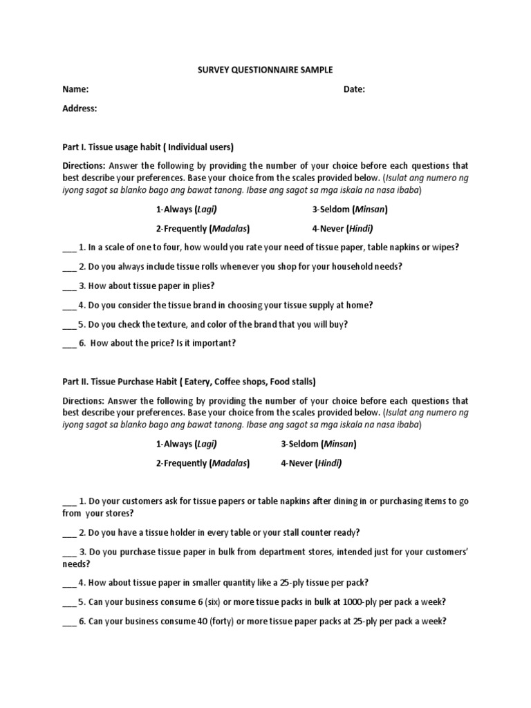 Tissue Usage and Purchase Survey Sample | PDF | Paper | Survey Methodology