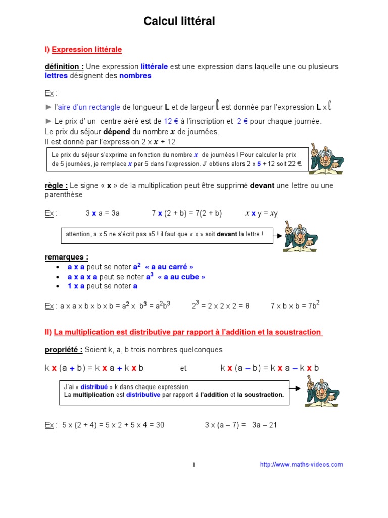 Fiche De Revision 5eme Maths calcul littéral (5ème) | Multiplication | Factorisation | Prueba