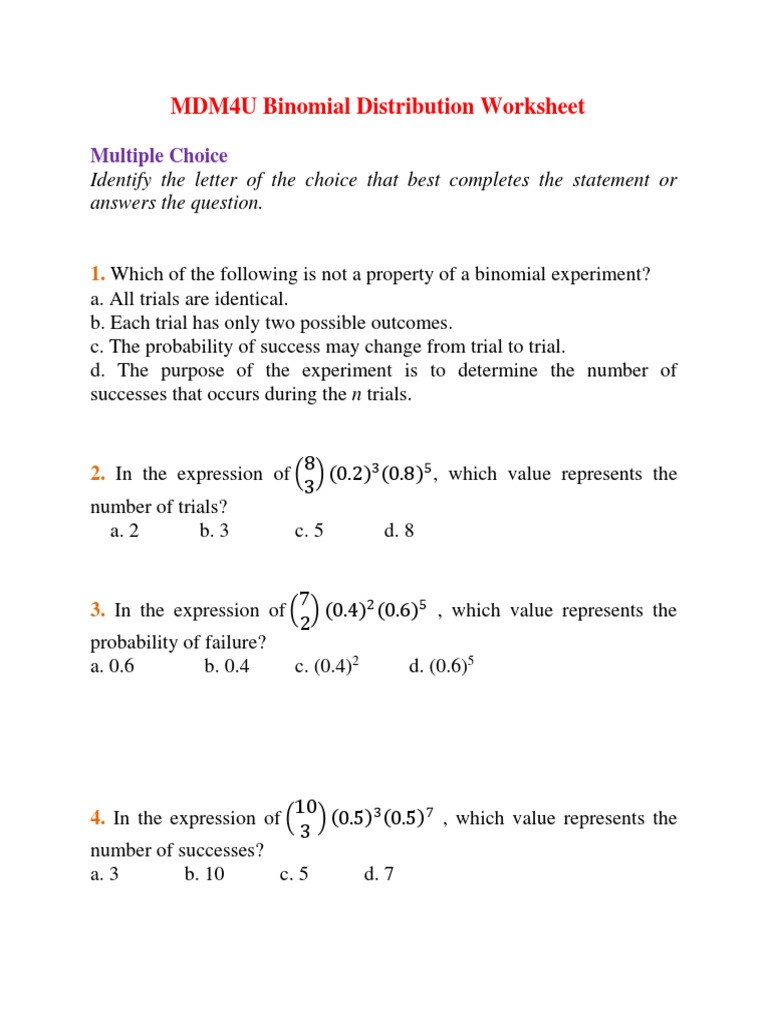 Mdm4u Binomial Distributions Worksheet Expected Value Probability