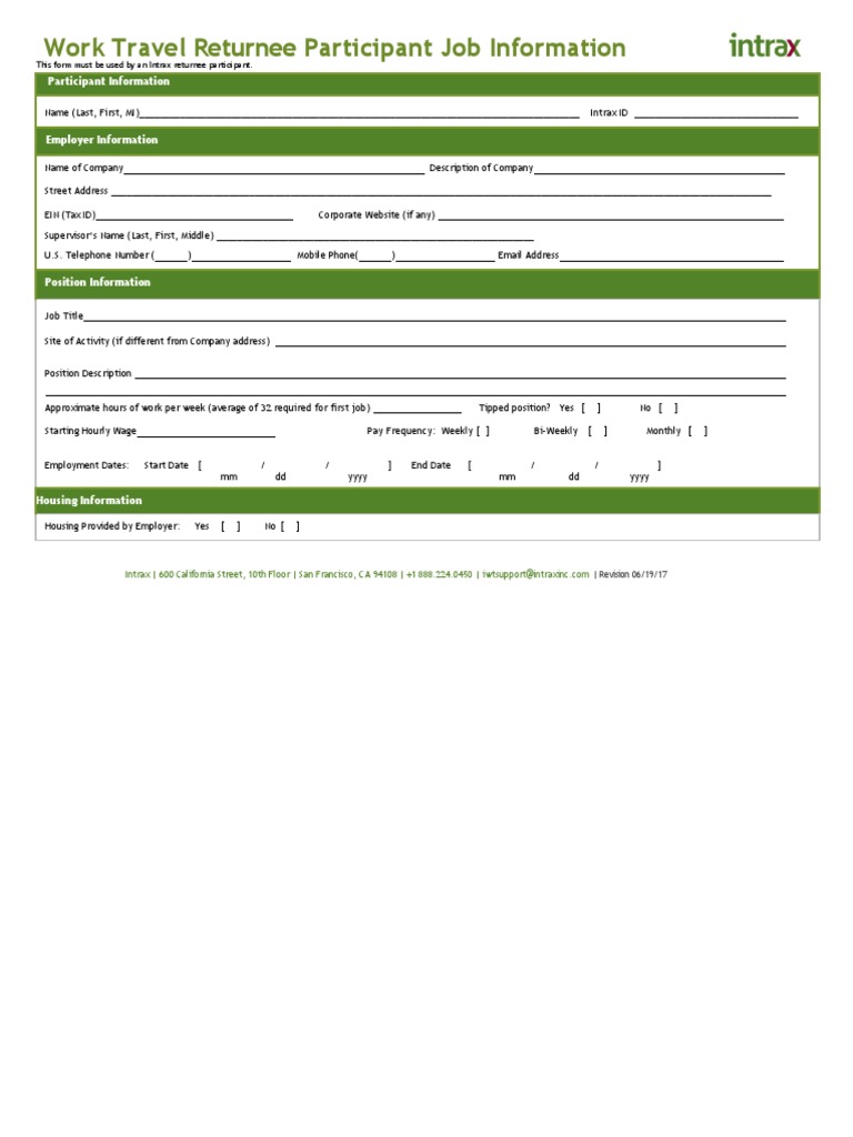 Intrax Work Travel Returnee Form | PDF | Career & Growth