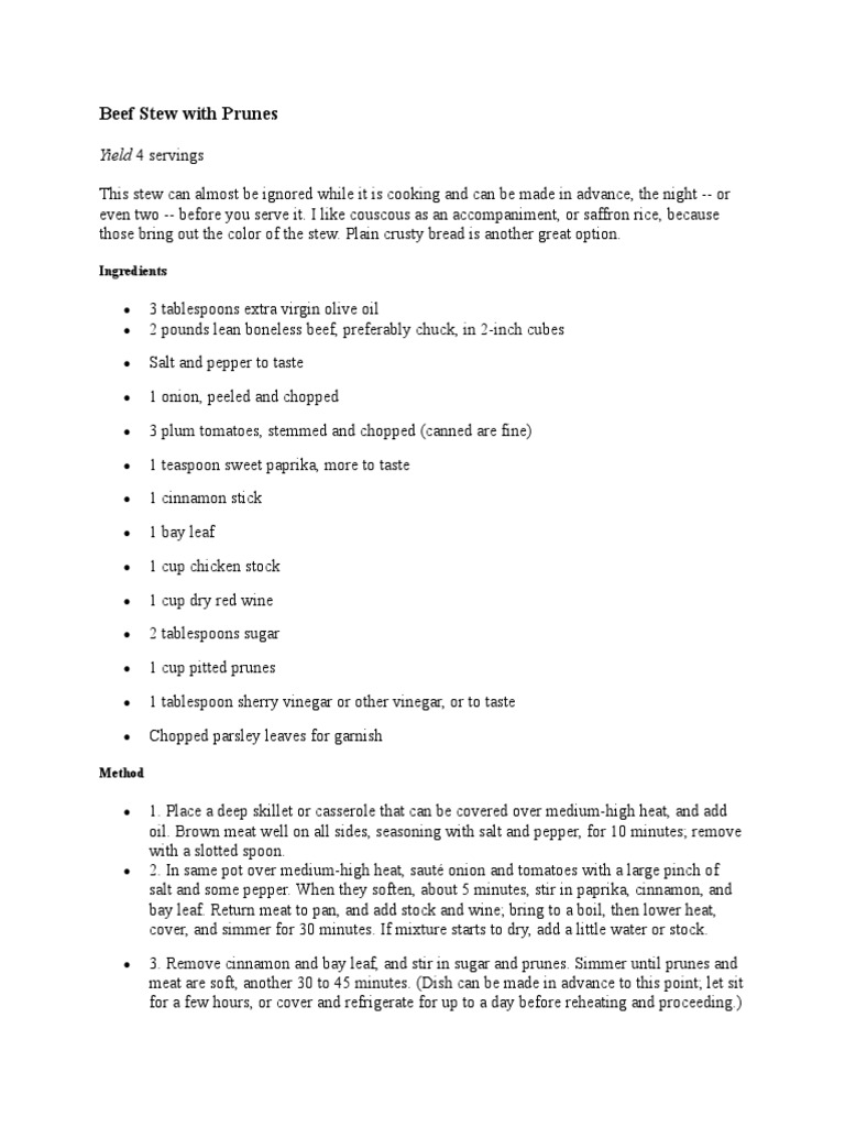 Beef Stew with Prunes Recipe | PDF