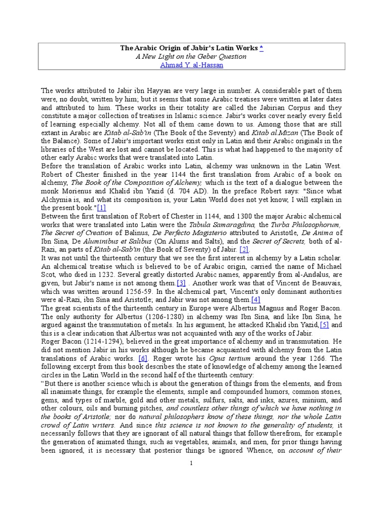 The Arabic Origin of Jabir | PDF | Alchemy | Science