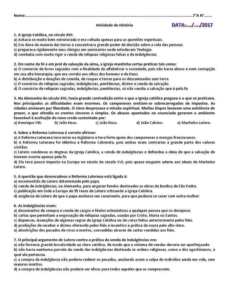 Cruzadinha Sobre Reforma Protestante 7 Ano Com Gabarito