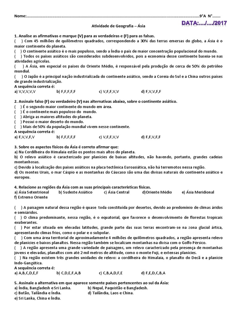 Exercicios Sobre A Asia 9 Ano Com Gabarito