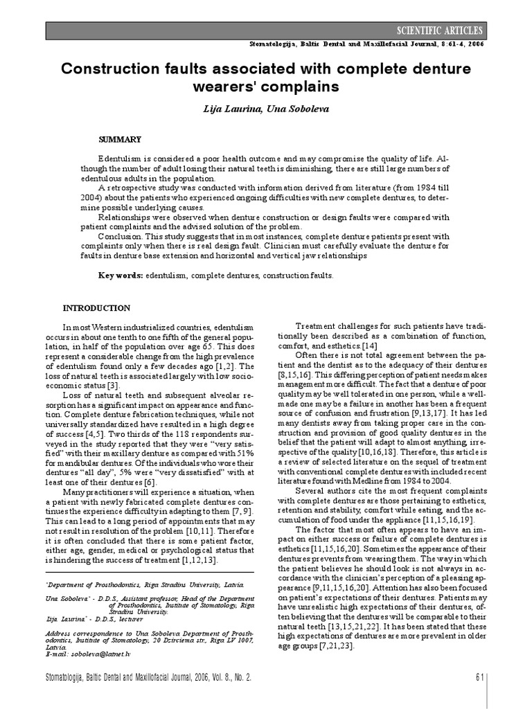 Construction Faults Associated With Complete Denture Wearers' Complains ...
