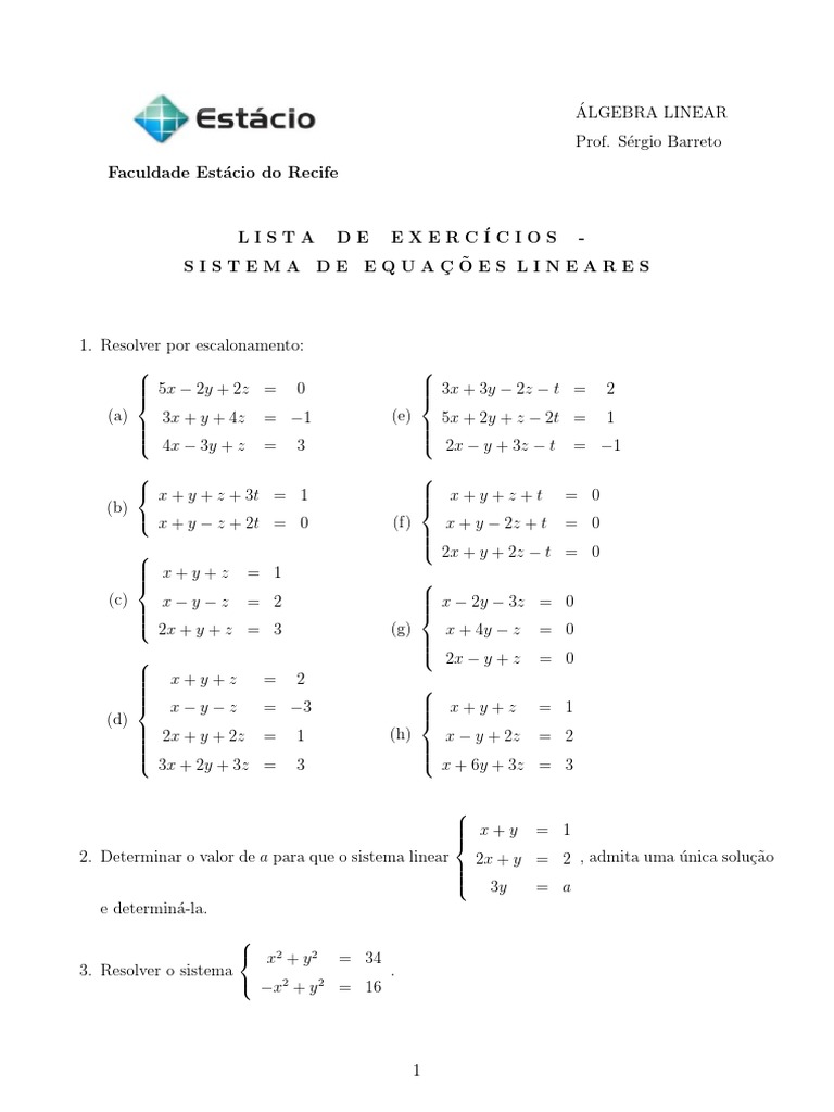 Exercícios de Sistemas Lineares 3x3 | PDF | Métodos y materiales de ...