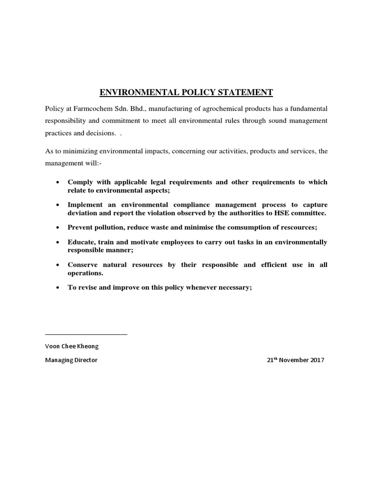 Farmcochem Environmental Policy Statement | PDF