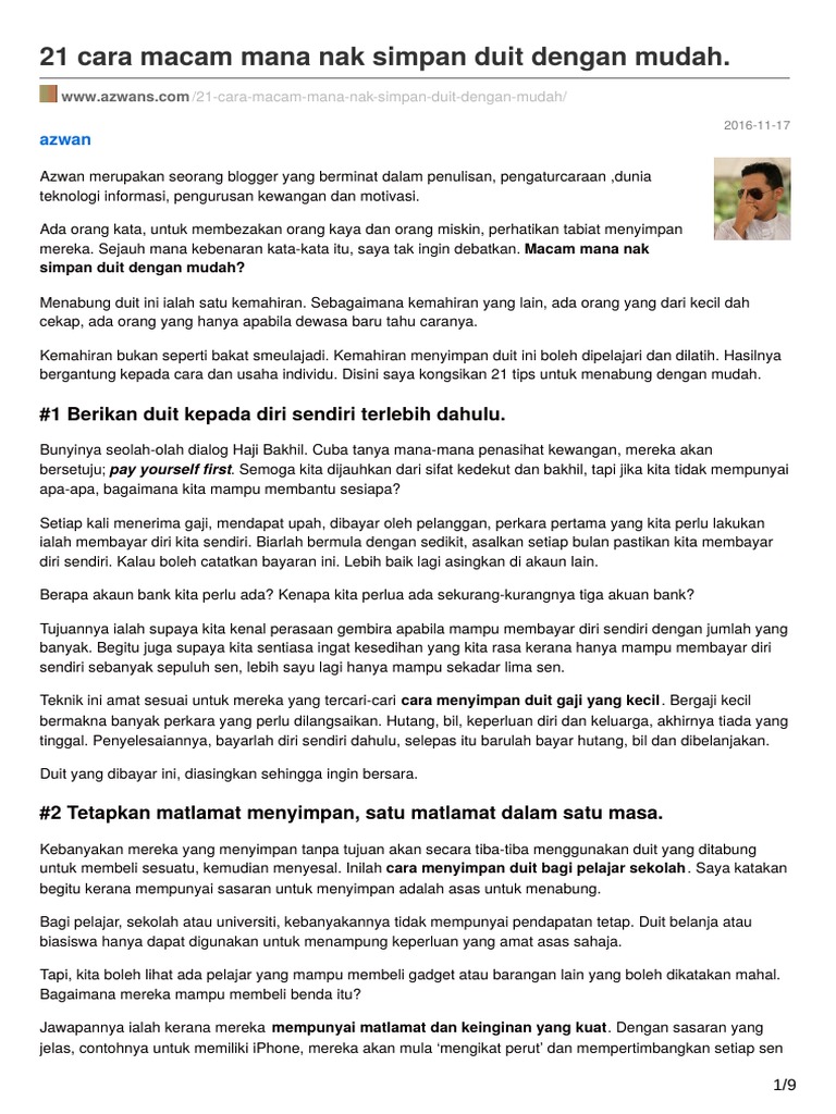 21 Cara Macam Mana Nak Simpan Duit Dengan Mudah Pdf Pdf
