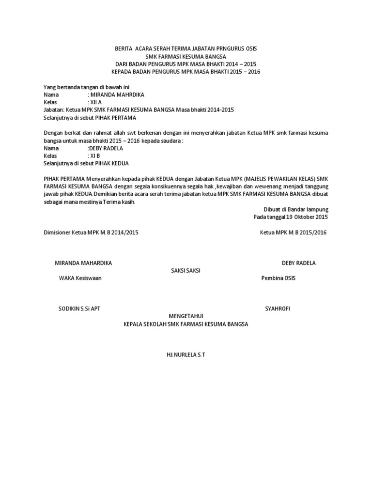 Berita Acara Serah Terima Jabatan Prngurus Osis