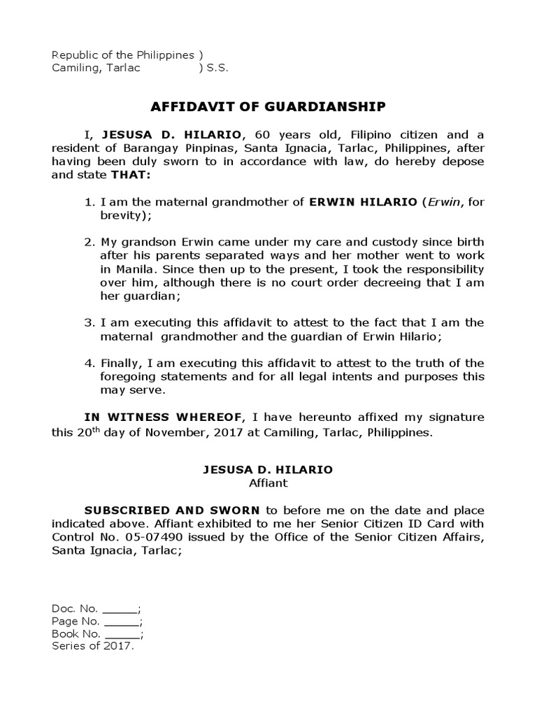 Affidavit of Guardianship - Hilario (Maternal Grandmother)