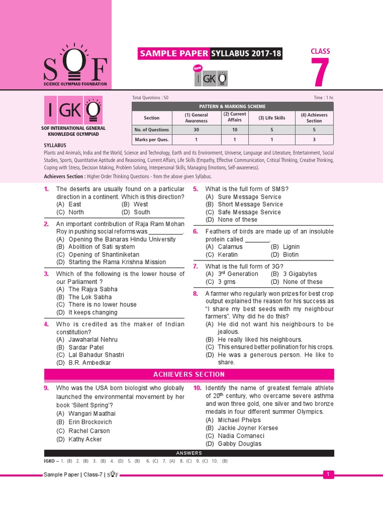 SOF IGKO Model Question Paper Class 7
