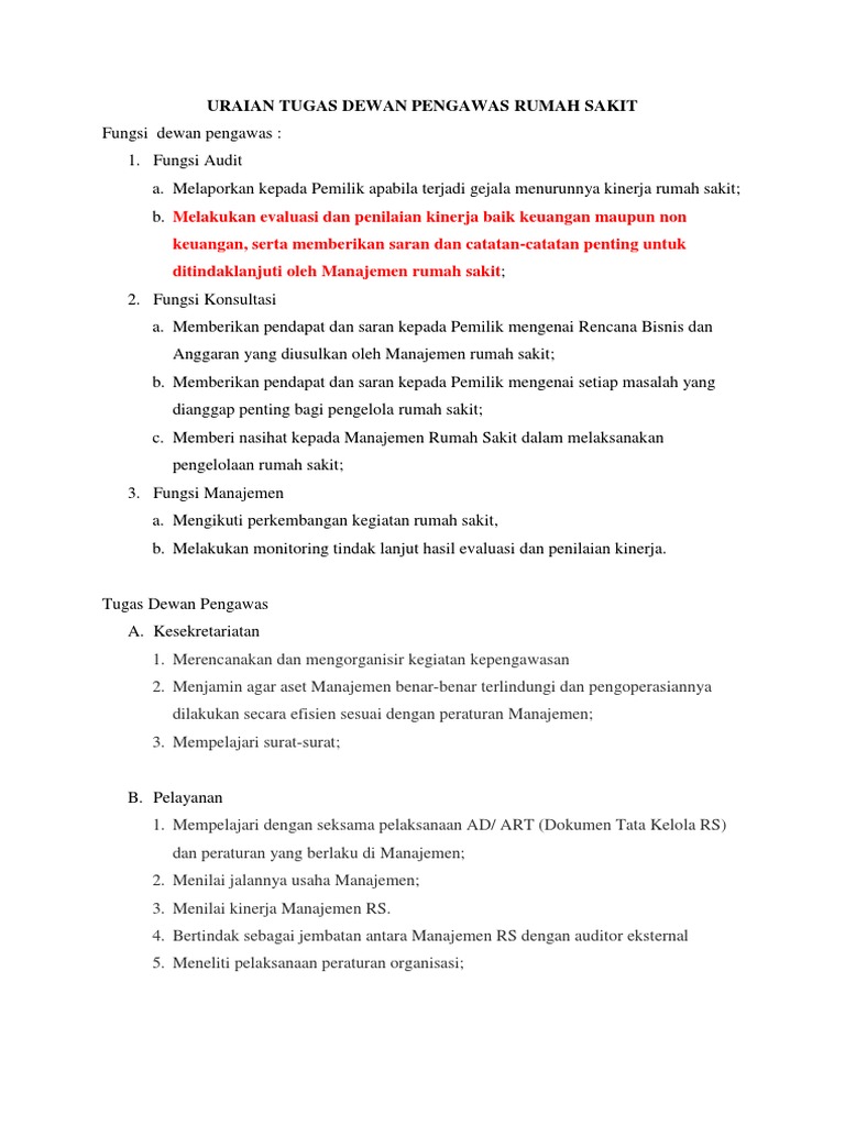 Uraian Tugas Dewan Pengawas Rumah Sakit PDF
