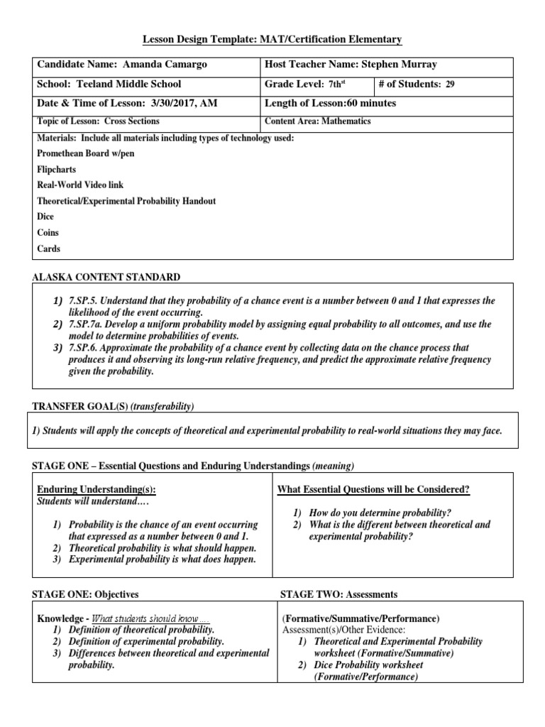 Worksheets Theoretical Probability Worksheet math artifiact lesson plan probability educational assessment