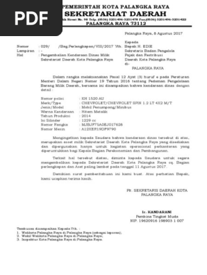 Surat Penarikan Kendaraan Dinas Biasanya pimpinan organisasi lah sebagai pihak.