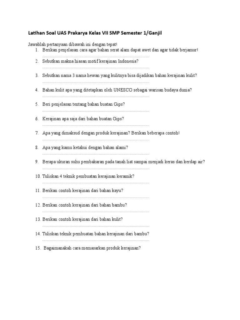 Latihan Soal Uas Prakarya Kelas Vii Smp Semester 1 Pdf