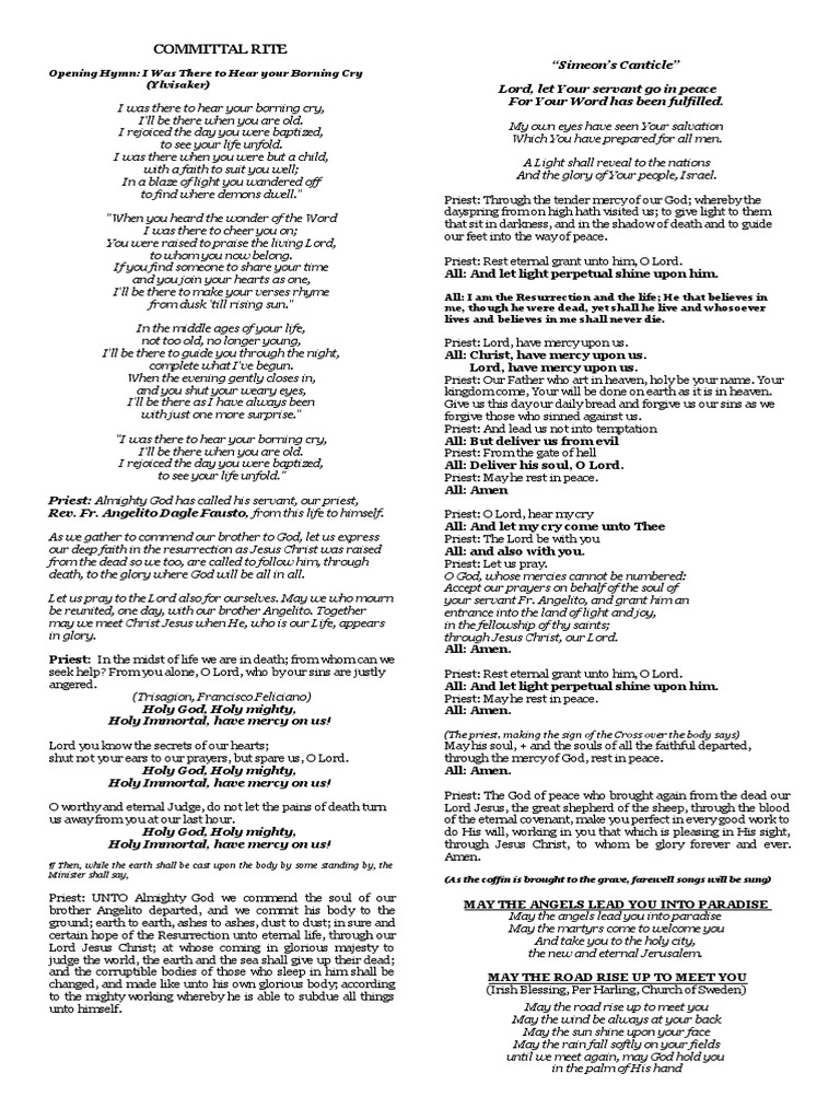 Committal Rite: Opening Hymn: I Was There To Hear Your Borning Cry ...