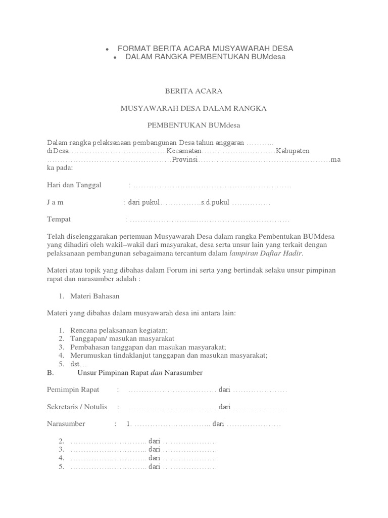 Format Berita Acara Musyawarah Desa Bumdes