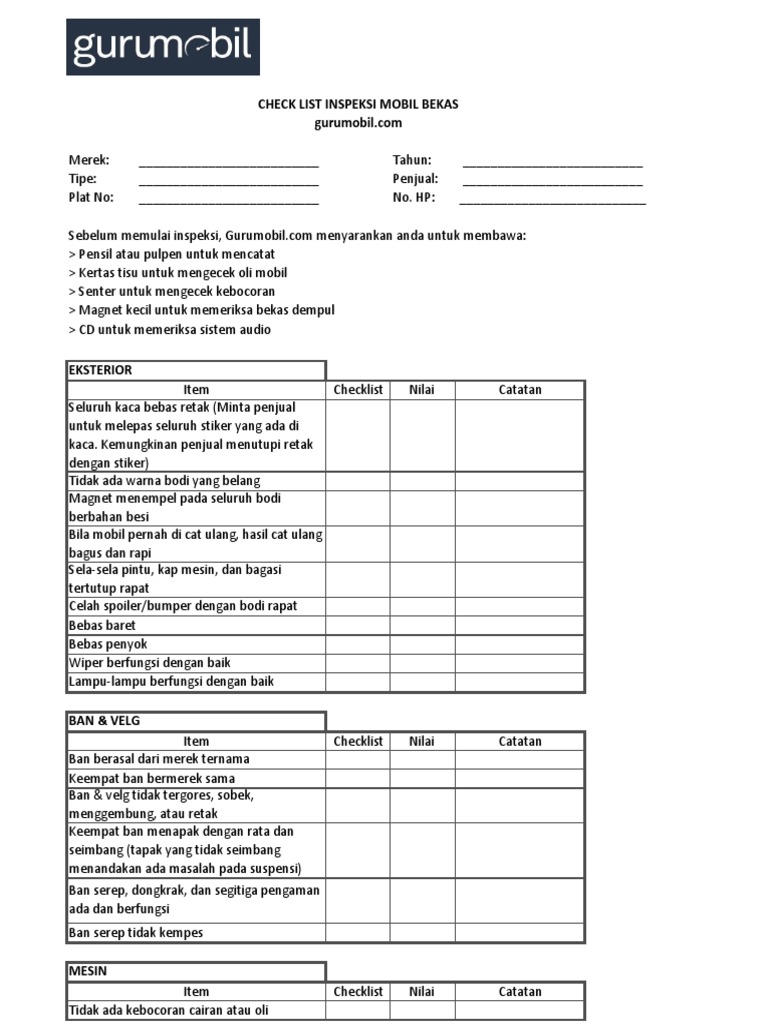 Checklist Inspeksi Mobil Bekas | PDF | Teknologi & Rekayasa
