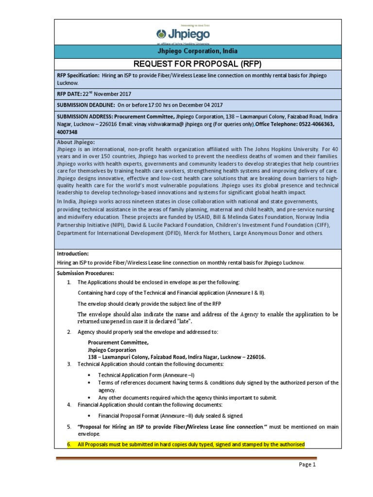 Jhpiego RFP for ISP Lease Line in Lucknow | PDF | Request For Proposal ...