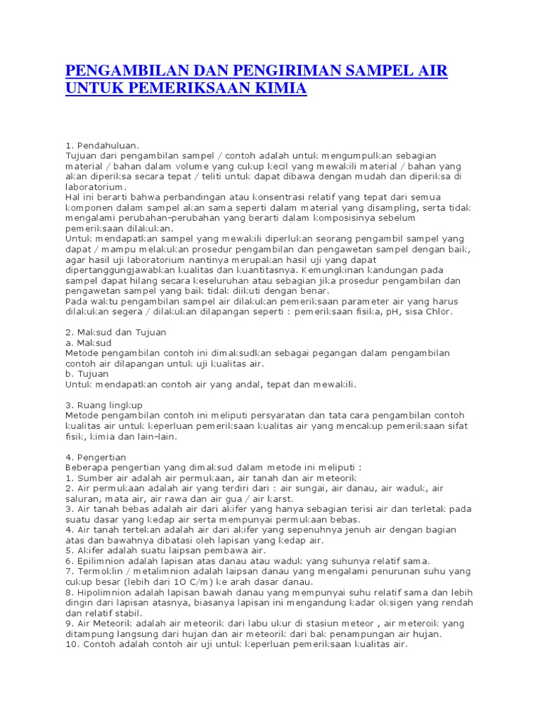 Pengambilan Dan Pengiriman Sampel Air Untuk Pemeriksaan Kimia