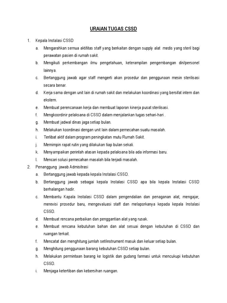 Tugas dan Peran Staff CSSD Rumah Sakit | PDF | Teknologi & Rekayasa