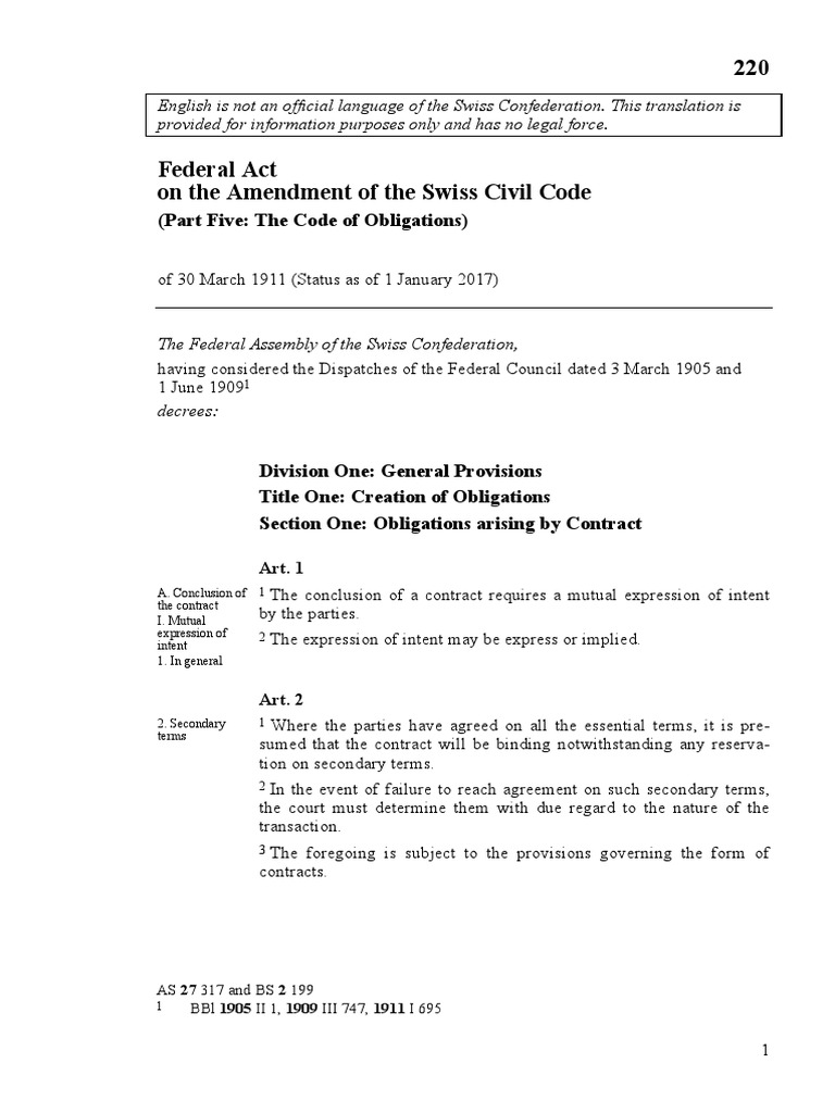 Swiss Code Of Obligations In English