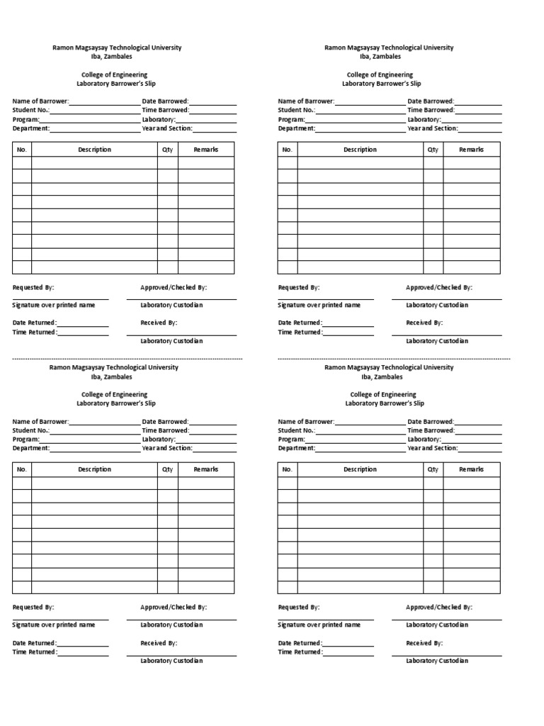 Laboratory Barrower's Slip PDF Business