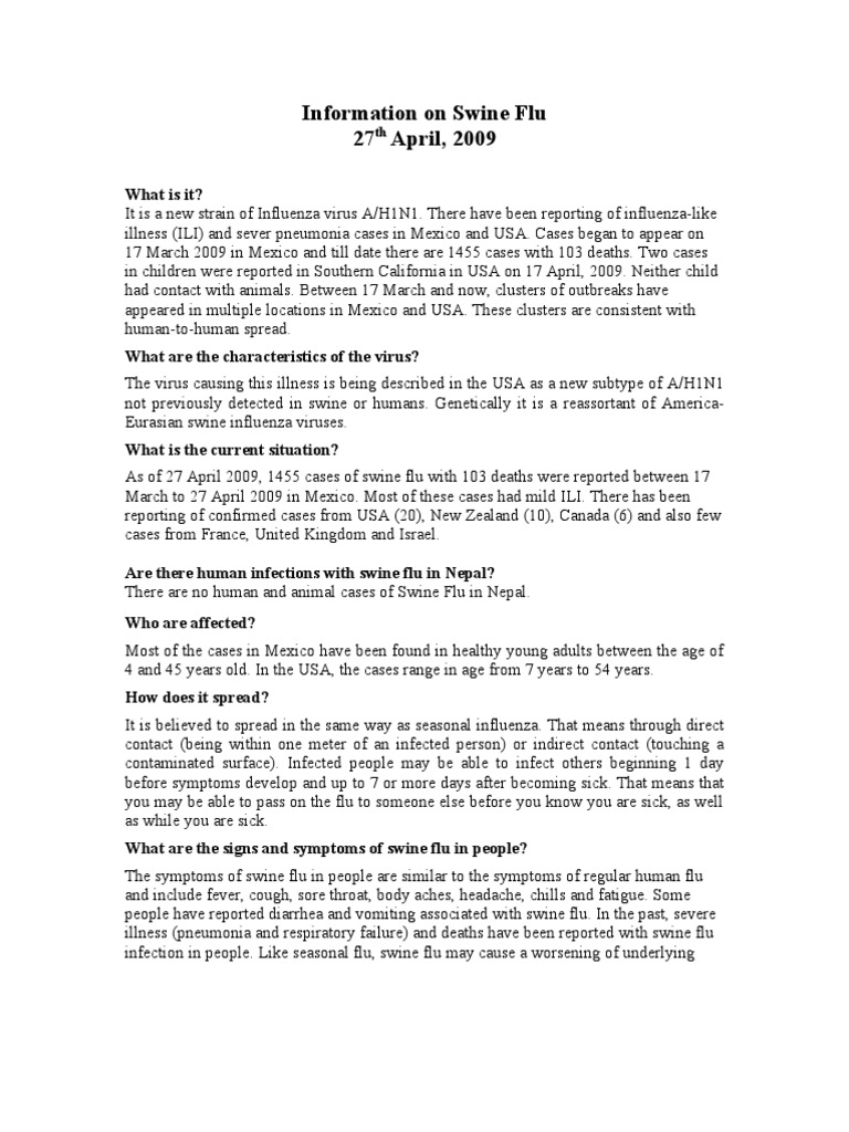 WHO Information On Swine Flu - 27!04!09 | PDF | Swine Influenza | Influenza