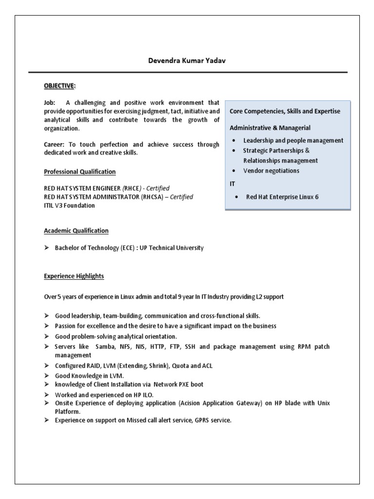 Linux System Administrator Resume | PDF | Computer Cluster | Server ...