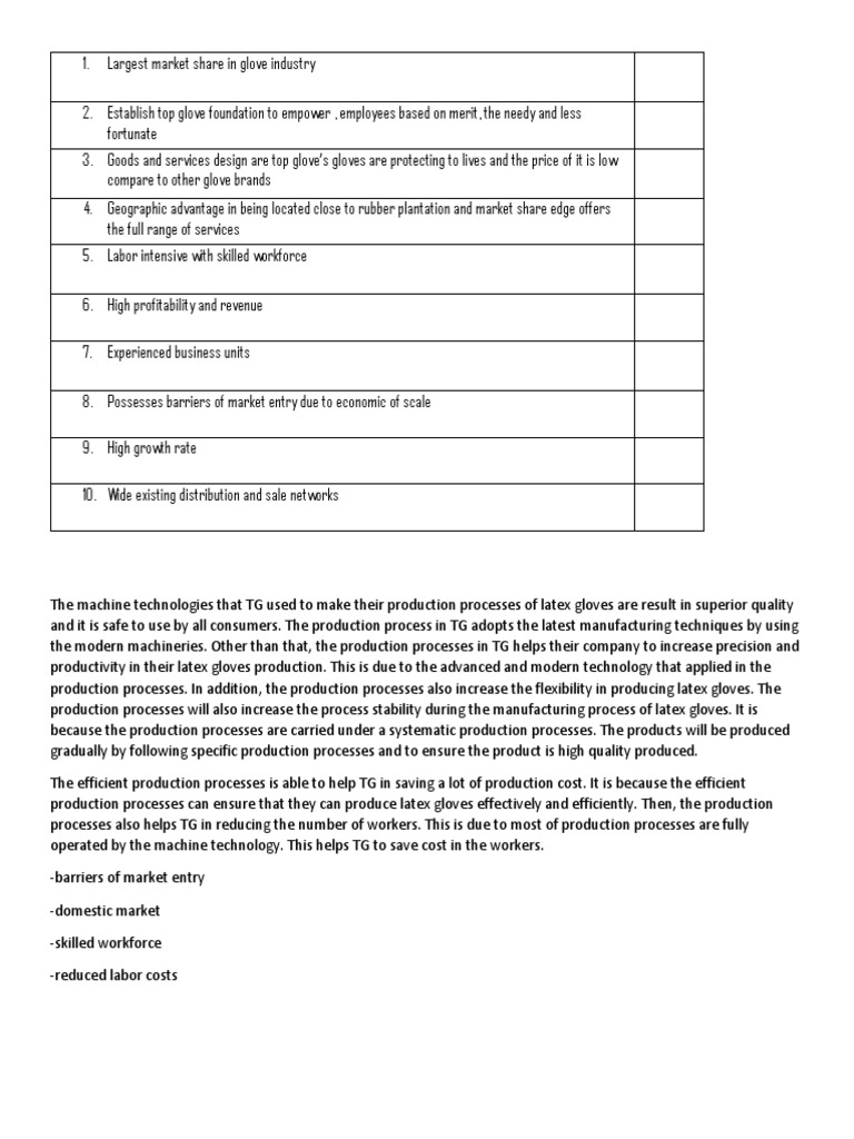 Strength and Weaknesses Top Glove PDF Natural Rubber Employment