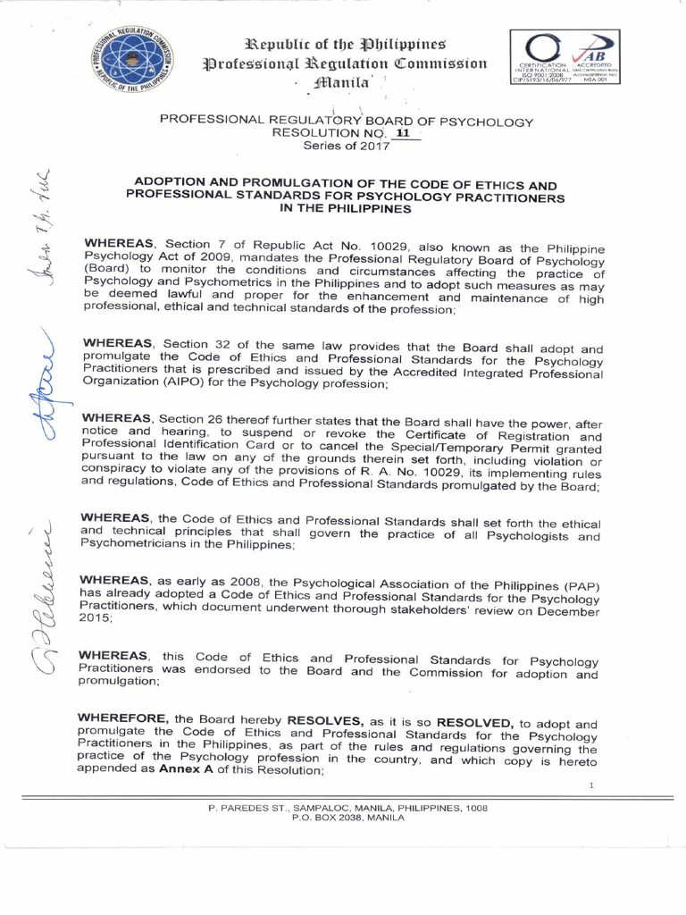 Professional Regulatory Board of Psychology Resolution No. 11 Series of