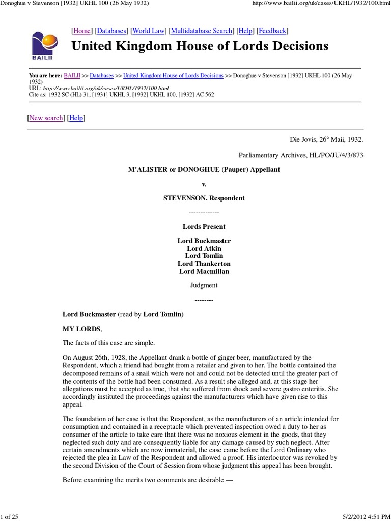 Donoghue V Stevenson 1932 UKHL 100 26 May 1932 PDF Negligence Duty Of Care