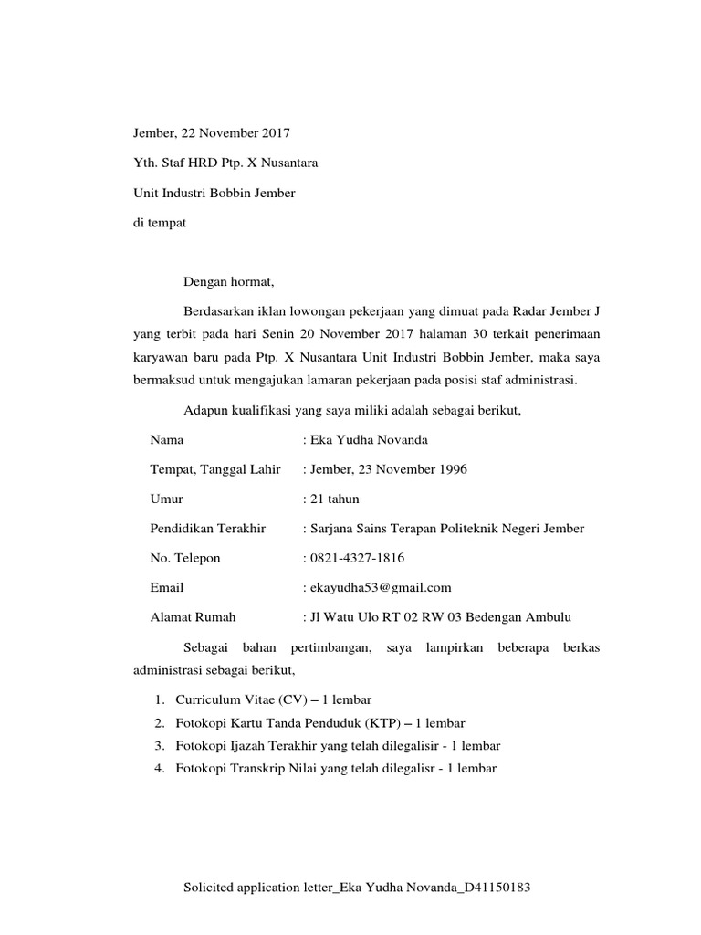 Eka Yudha Novanda D41150183 A Solicited Application Letter