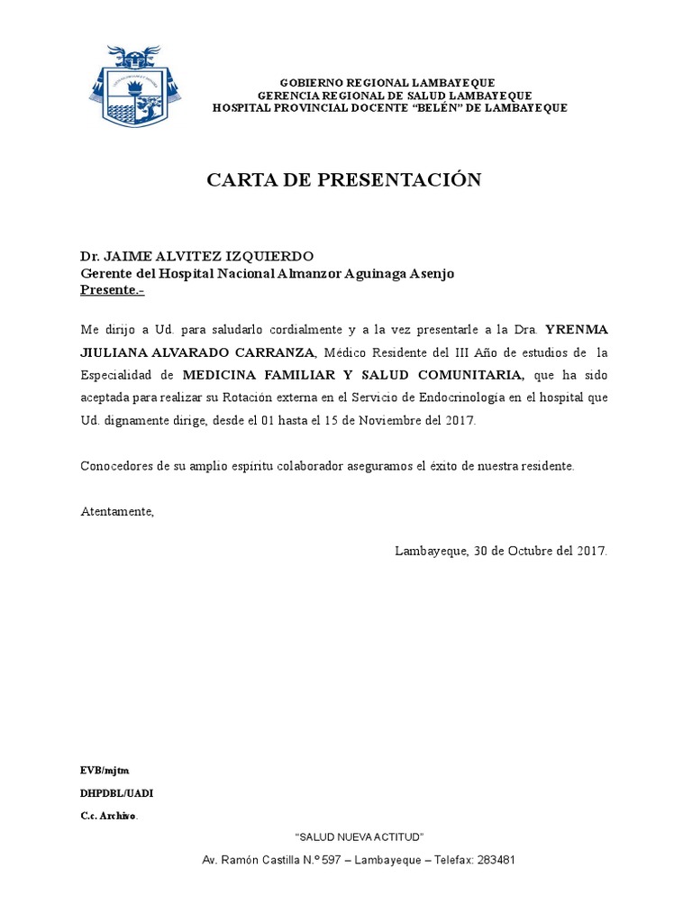 Carta de Presentación Hospital Cuidado de la salud